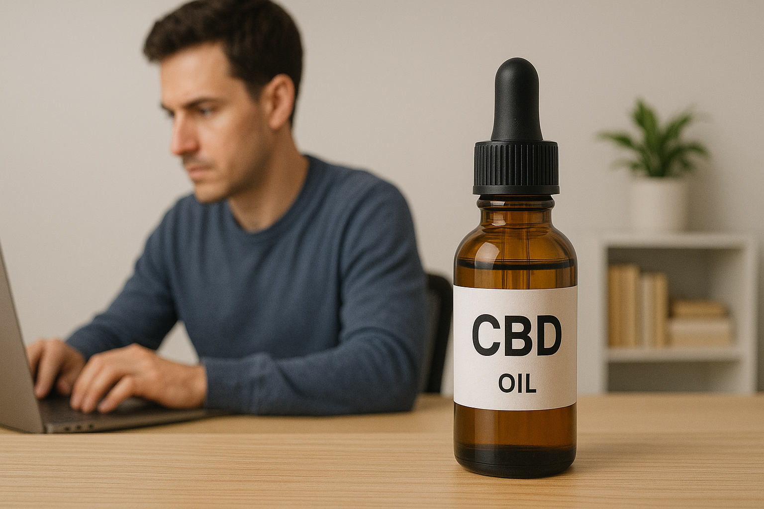 デスクで作業に集中する人とCBDオイルのボトル