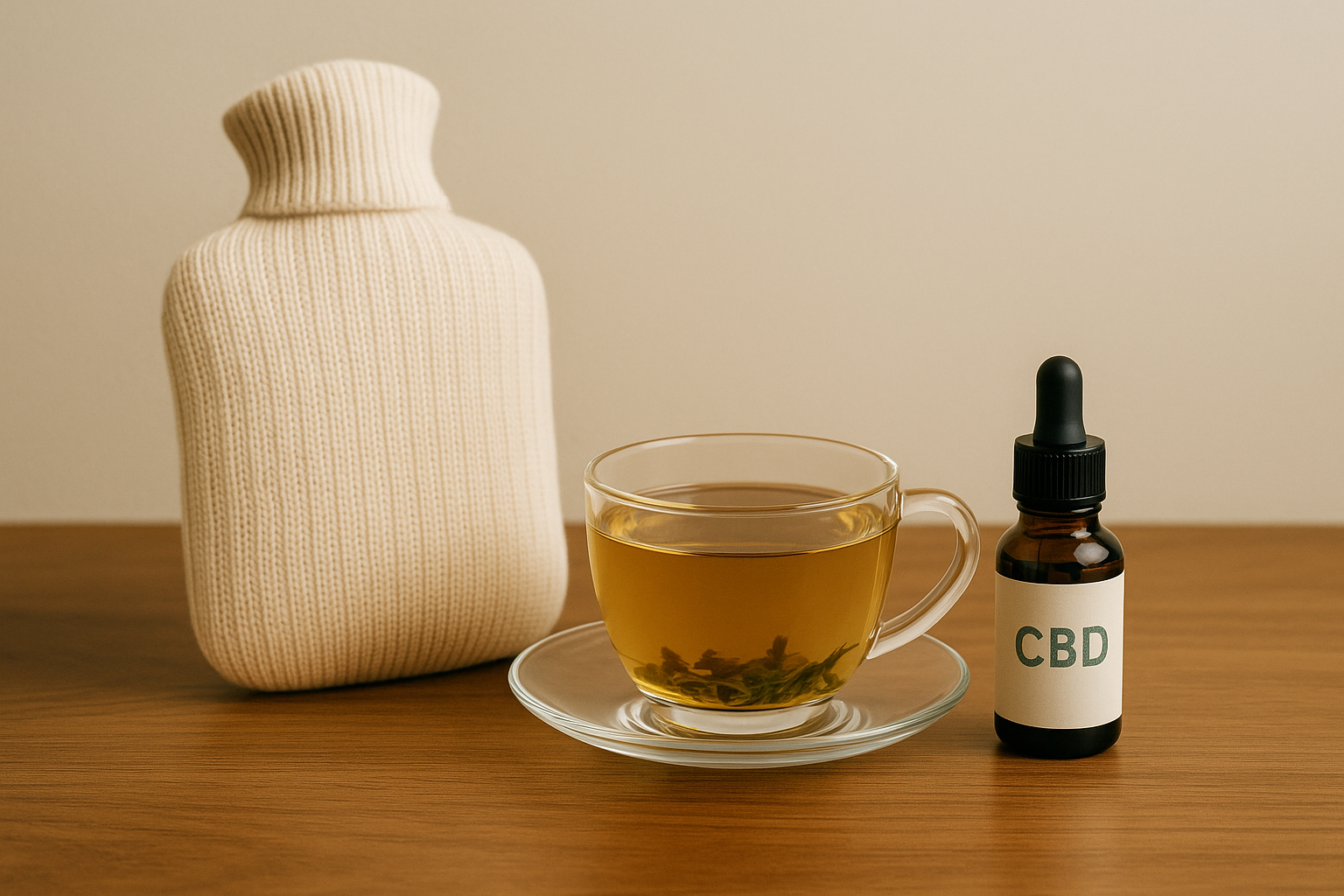 湯たんぽ・ハーブティー・CBDオイルが並ぶ落ち着いたデスク周りの写真
