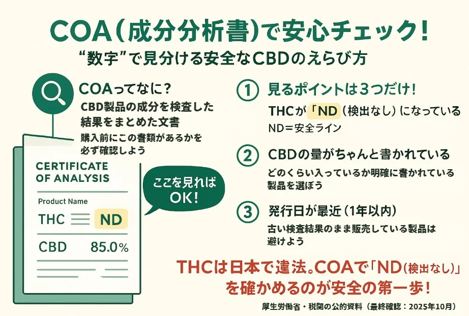 ラベルとCOA（成分分析書）を確認している手元の写真